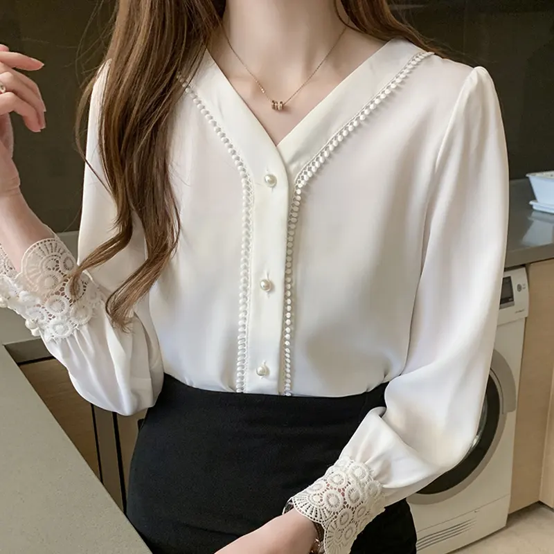Блузка женская с длинным рукавом, белая шифоновая рубашка с V-образным вырезом и бисером, одежда, D8018