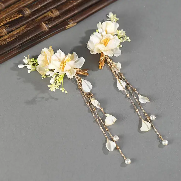 HY Hanfu silk flower hair accessories long flow Su girl clip women antique headwear retro Song headflower pair