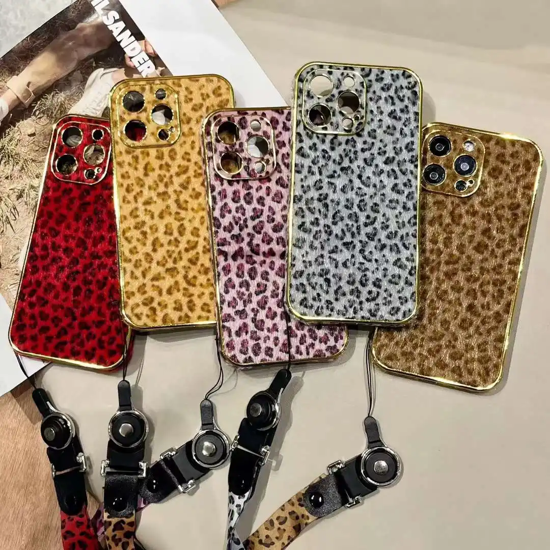 High quality fashion electroplated leopard print cell phone case with Lanyard for iPhone 11 12 13 14 pro max