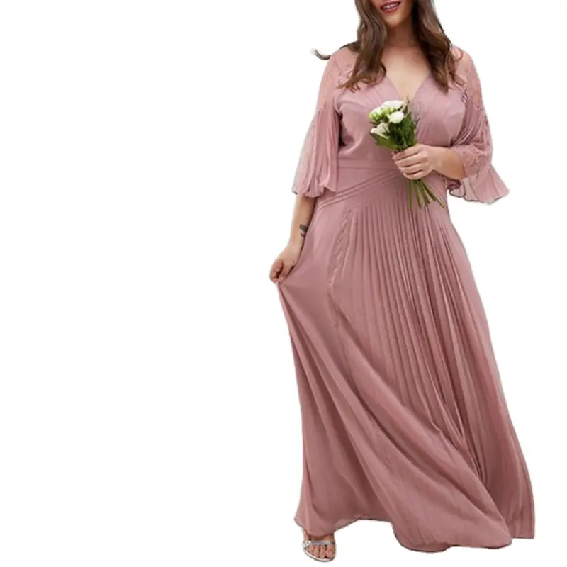 Neuankömmling Brautjungfer Plissee Maxi kleid Flatter ärmel Kleid mit Spitzen einsätzen für dicke Frauen