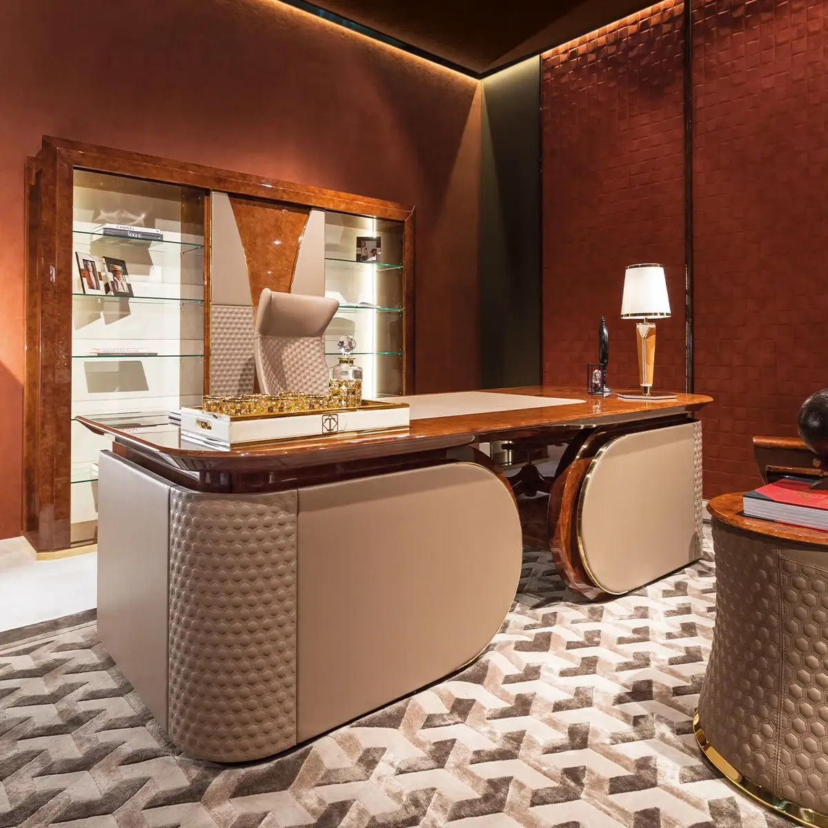 Meuble de bureau en cuir marron pour maison, magnifique marque italienne, avec chaise, 1 pièce, écriture en bois laque