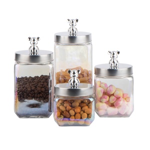 800ml 1250ml 1650ml 2100ml square Glass Jar with Stainless Steel Lid with <strong>Bear</strong> Decoration on Lid - Product Image 3