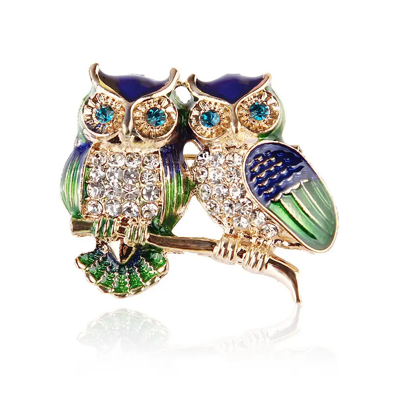 Mata biru Enamel pin berlian imitasi pasangan burung hantu bros hewan bros untuk wanita pria pakaian syal gesper kerah perhiasan pin