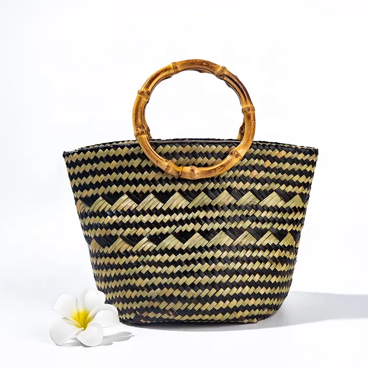 Bolsa feminina de palha trançada, sacola de palha com alça de bambu