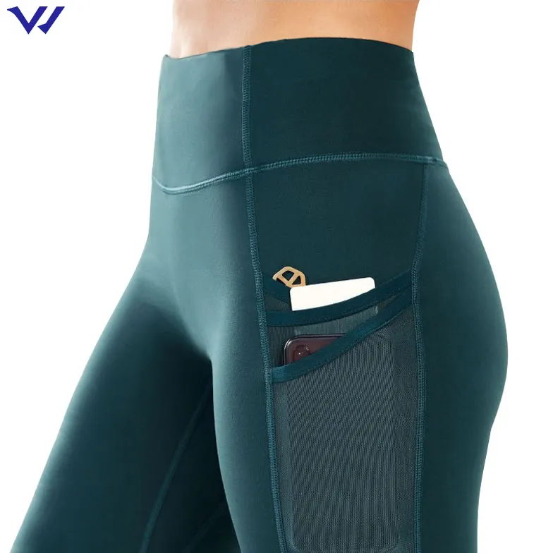 Hoge Elastische Yoga Broek Running Vrouwen Workout Tummy Actief Leggings Met Kant Telefoon Pocket Bamboe Leggings