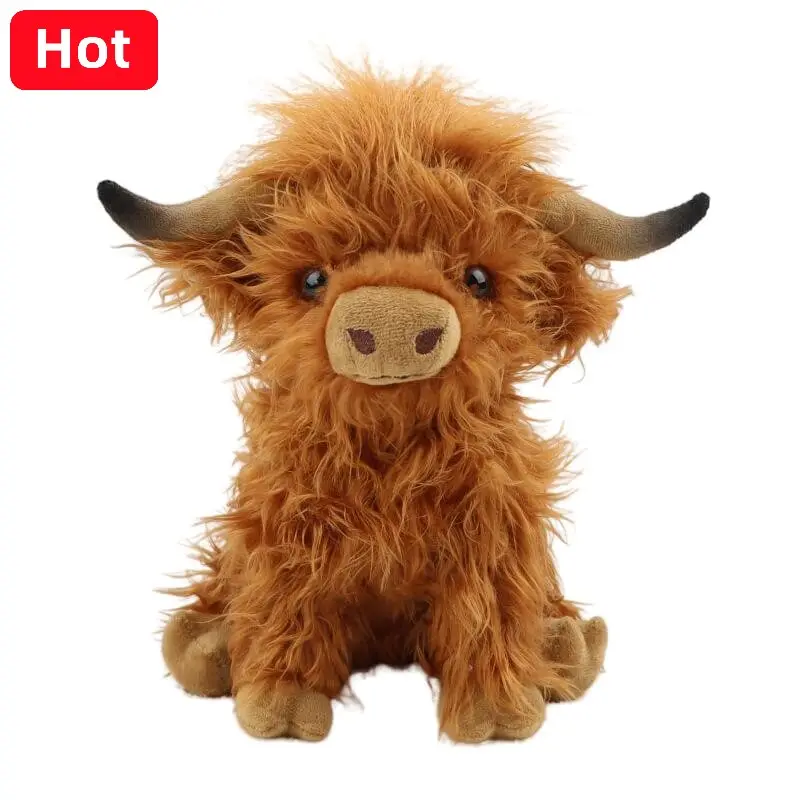 Grosir realistis Logo khusus dibuat sesuai pesanan lembut fleksibel mainan banteng Skotlandia boneka hewan Highland sapi mewah
