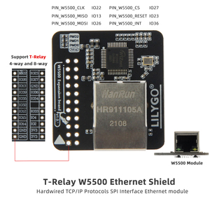 LILYGO T-relay W5500 Shield Protocolos TCP/IP cableados Interfaz SPI Módulo Ethernet Soporte T-Relay 4 vías y 8 vías T-Relay s3 - Product Image 6