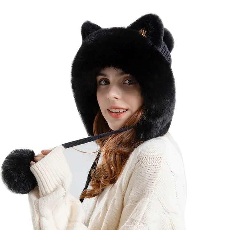 Gorro de punto bonito de invierno con orejas de gato de dibujos animados para mujer, gorro con orejera de bola bonita, gorro cálido grueso de lana