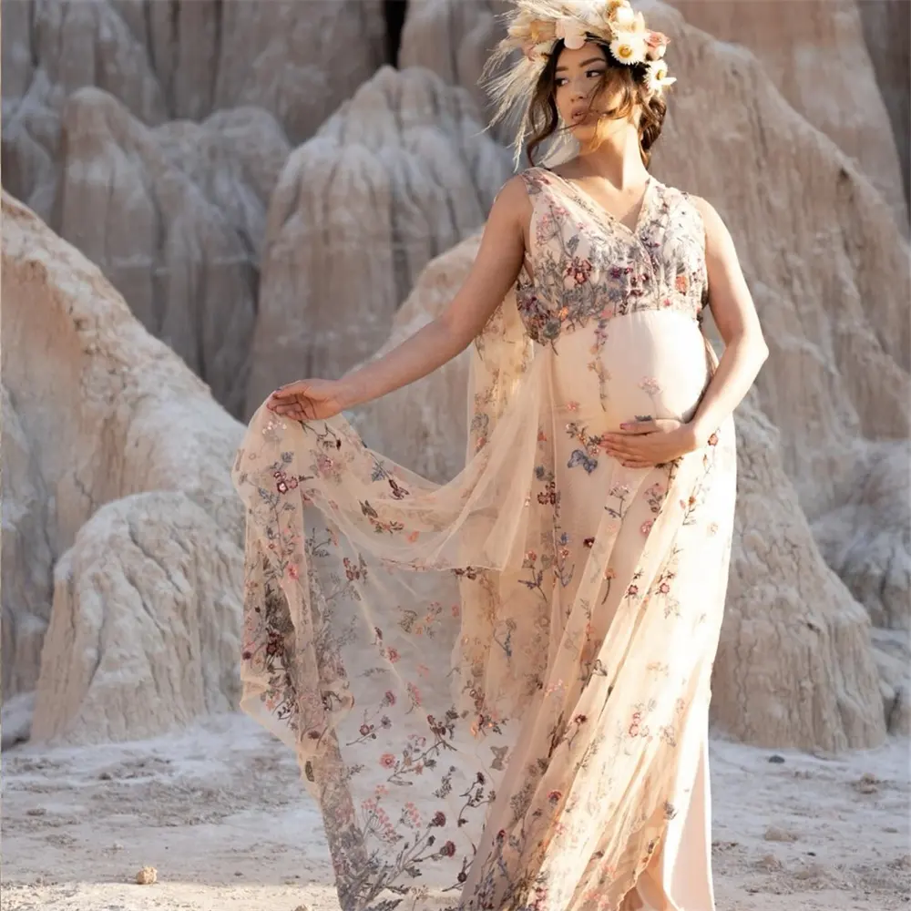 Mily mariée PD050 rétro Tulle une ligne robes de maternité décolleté en V avec appliques femmes enceintes robe de soirée