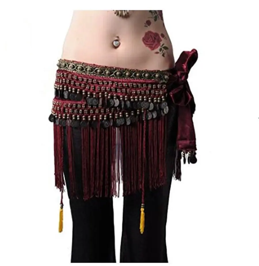 Nayaking donna danza del ventre tribale Hip sciarpa cintura gonna con frange monete di flanella