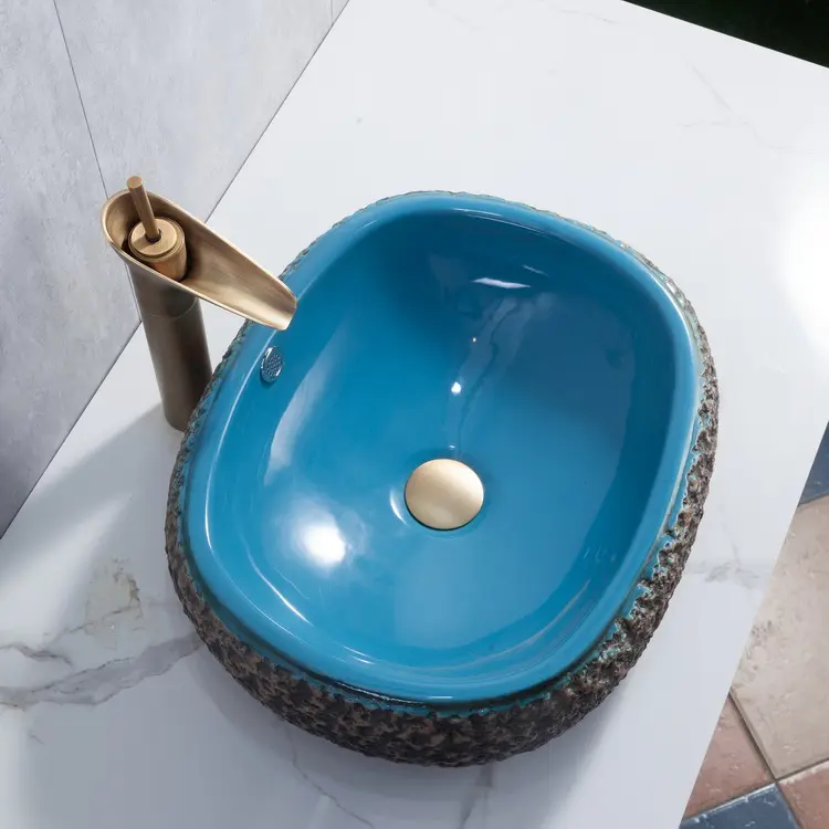 Lavabo de cerámica con diseño de piedra artificial para baño, lavabo artístico de lujo para cocina y hotel, color negro y azul