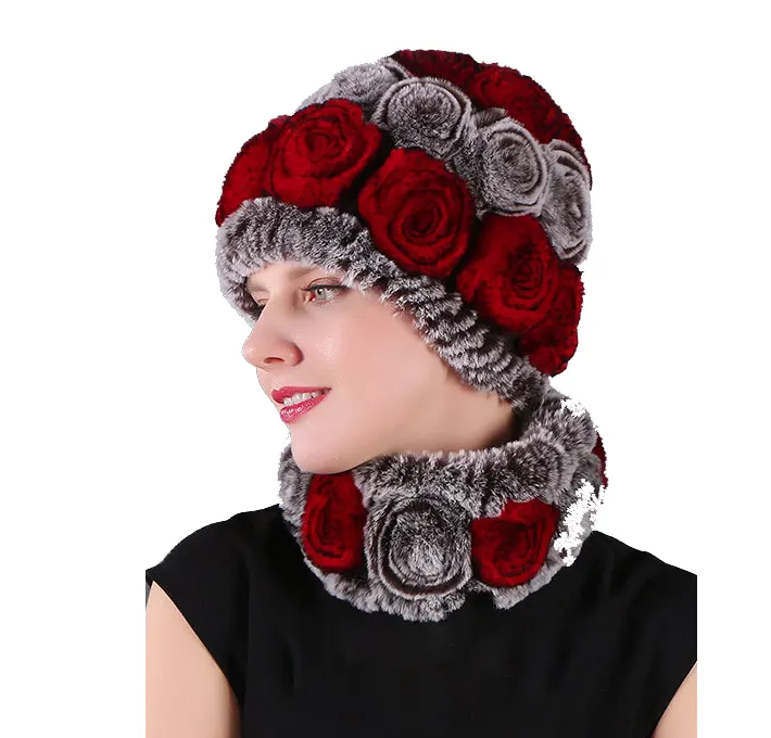 Hiver chaud réel renard et fourrure de lapin rex moelleux fourrure femmes chapeaux de fourrure rose tricoté fourrure chapeaux et écharpe ensemble