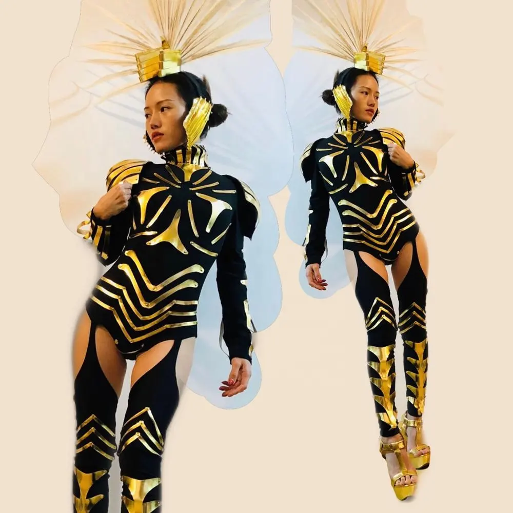 Oro armadura de cuero mujer guerrera una-pieza traje de cosplay escenario futurista bailarina tecnología sentido trajes