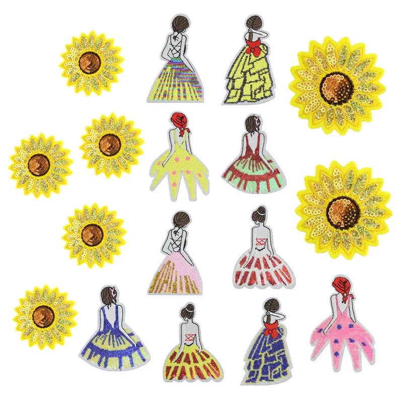Custom Iron-on Bordado Multicolor girassol menina saia Lantejoula patch para vestuário sacos decoração vestuário bordado remendos