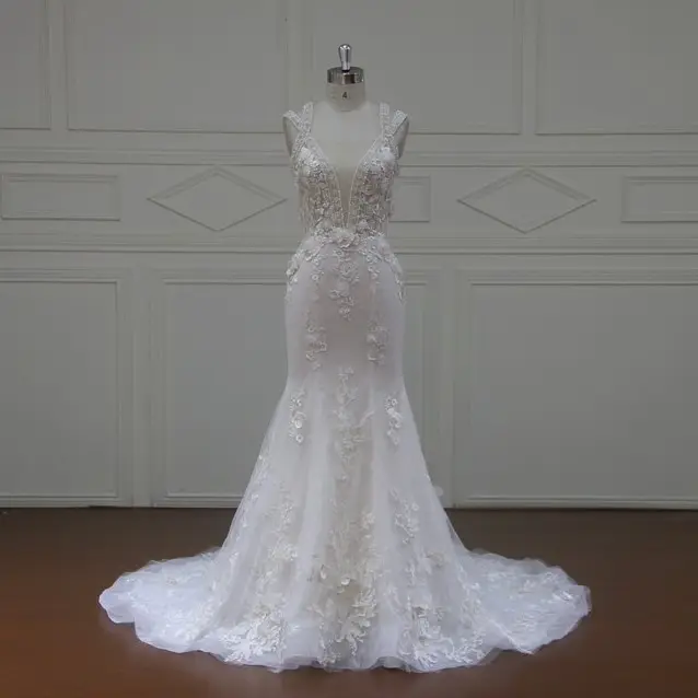 XF17011 Hot Sell Elegante Illusion V-Ausschnitt Ärmelloses Meerjungfrau kleid mit abnehmbarem Zug 3D Perlen Spitze Brautkleid