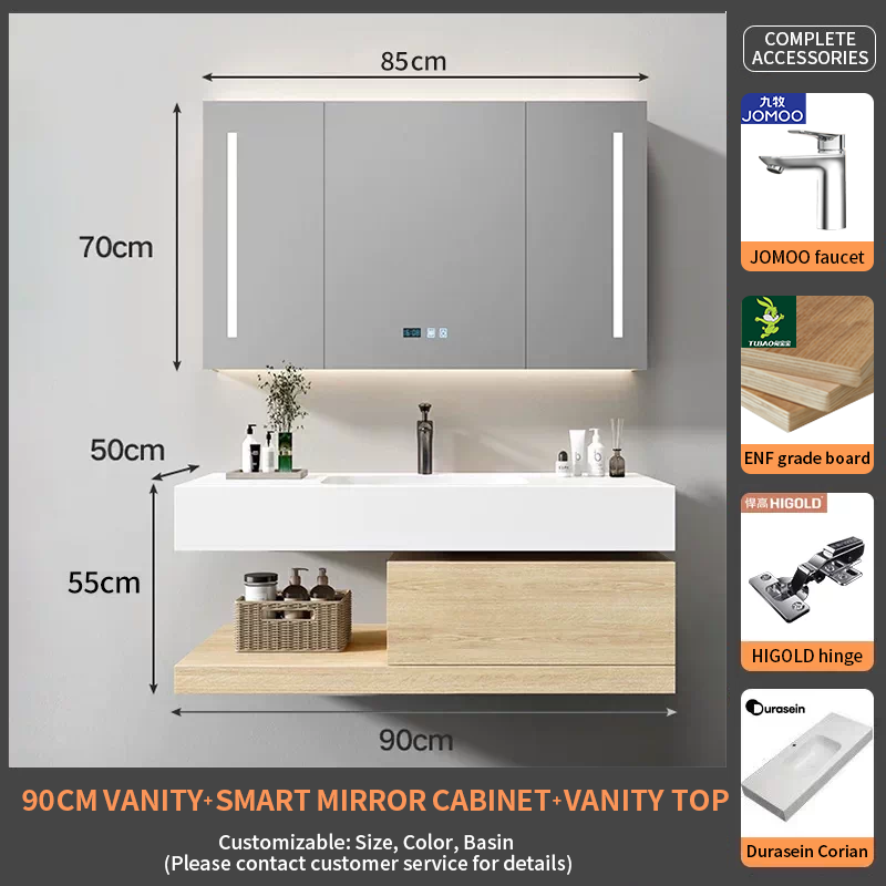 90Durasein Corian Integrated basin+Smart Mirror Cabinet