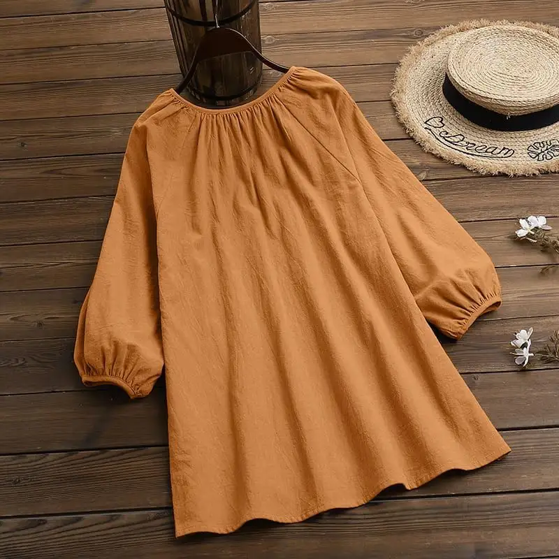 Ropa de estilo europeo y americano para mujer, de Color sólido ropa sencilla, con temperamento de cuello redondo y manga de siete puntos, ropa de muselina frontal