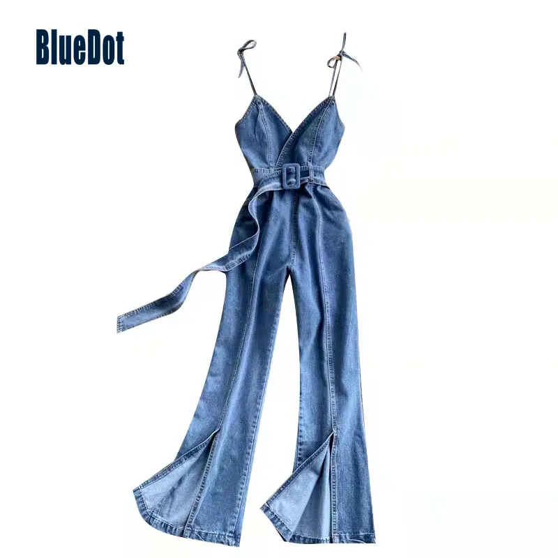 Bluedot özel sıcak satış Vintage Denim takım elbise iki parçalı ceket takım elbise seksi yüksek bel kot tulum kot kadın pantolon