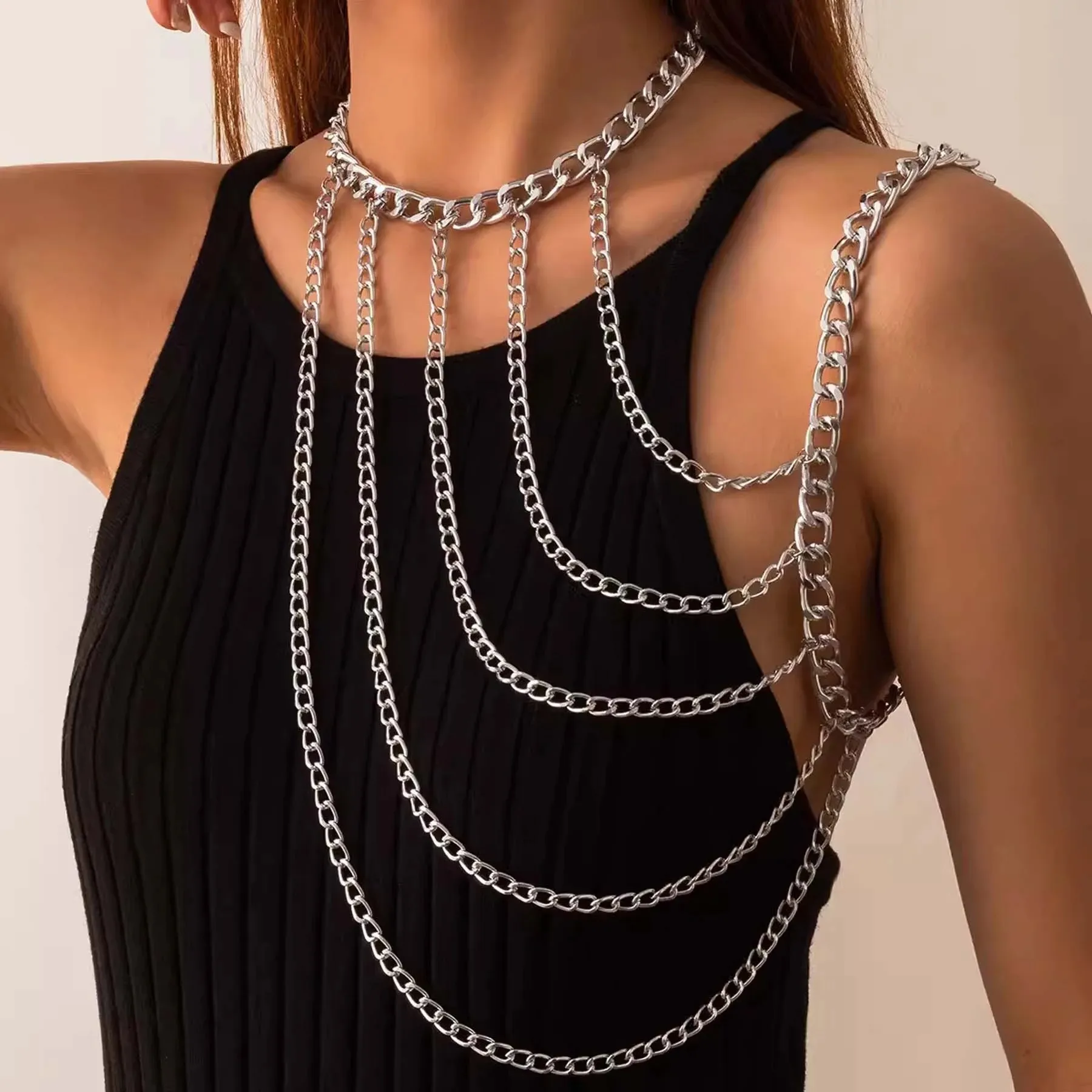 Gold Silver Multi-Layer Alloy Cross Chain Shoulder Chain Body Jewelry Women Sex Jewelry
