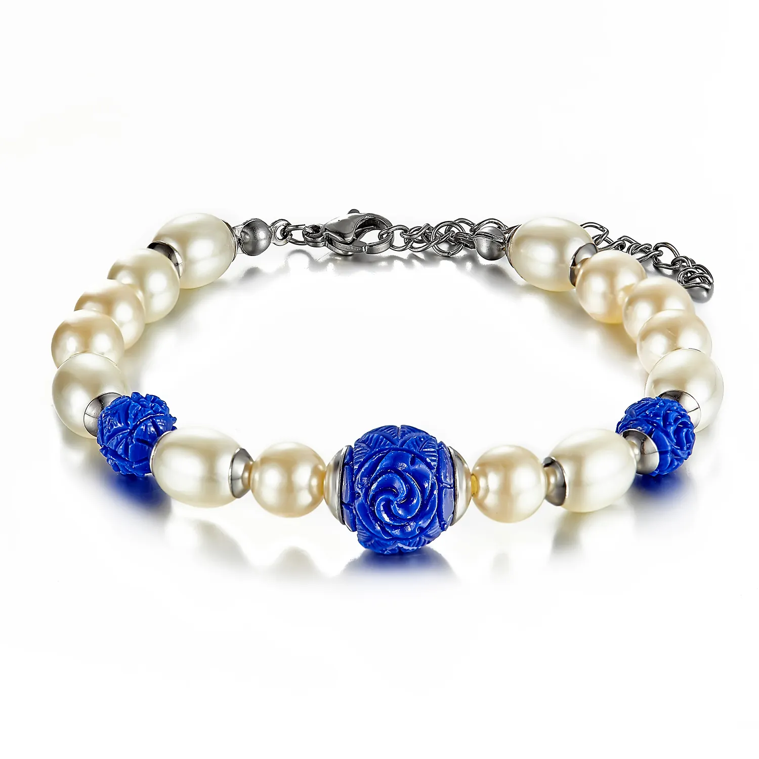 Diseño de moda para mujer Clastic Multi Beads Flor azul Cadena de cola de acero inoxidable Pulseras de mano lindas con chapado en plata/oro