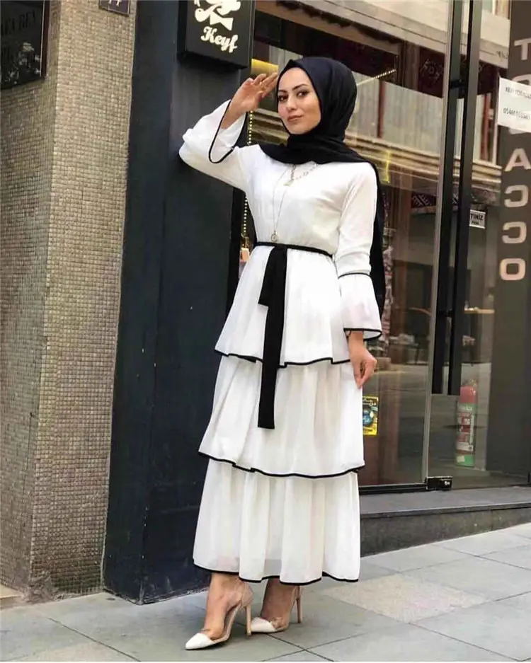 Nueva colección de tres capas de alta calidad de tela de crepé de las mujeres musulmanas vestido ropa islámica