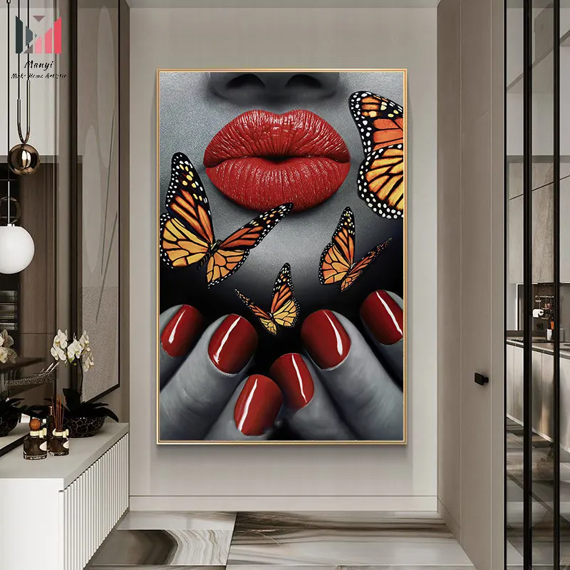 Moderne sexy coole Frauen Porträt Wand kunst Bilder und Drucke rote Lippe und Nagel Schmetterling Poster für Maniküre Shop Home Decor