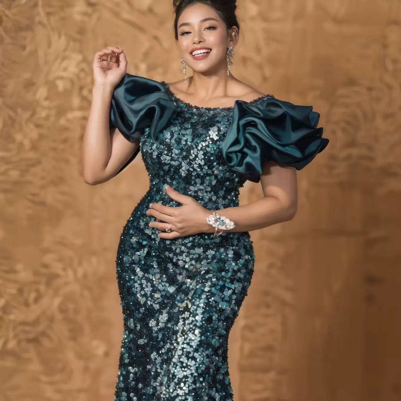 La dernière robe de soirée à manches longues à paillettes bleues robe de sirène à la mode