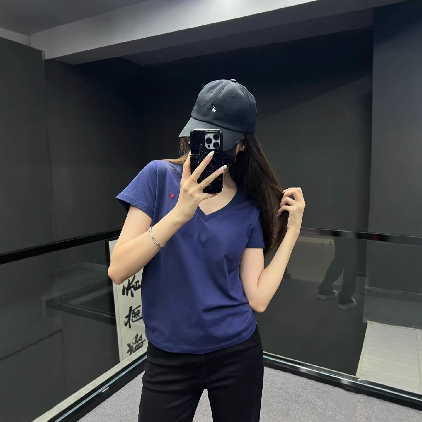 Navy blue with red label