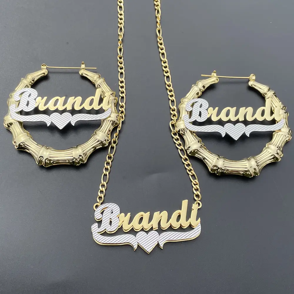 Qiuhan OEM Ensembles De Bijoux Stainless Steel Double Layer Custom Two Color Name Necklace Bamboo Earrings Set