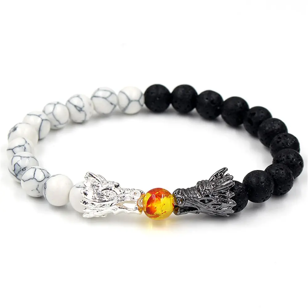 Wholesale fashion jewelry stretch gemstone beaded charm turquoise vulcanic beads dragon bracelets for men natural stone
