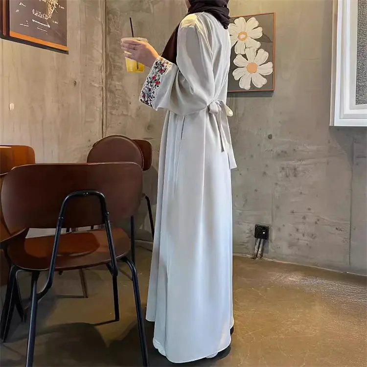Broderie transfrontalière en lin avec robe doublée broderie florale abaya musulmane pour femme abaya en arabie saoudite