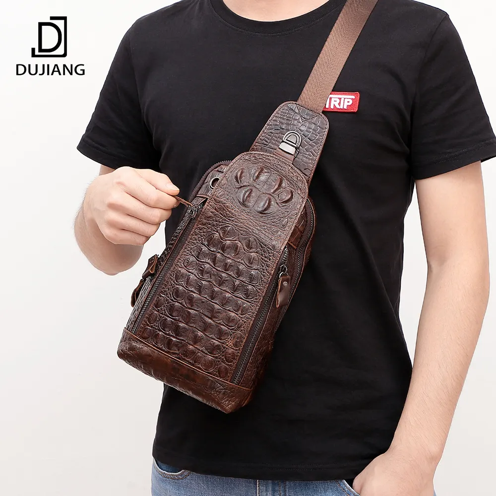 Custom Crocodile Pattern Shoulder Sling Bag Genuine Leather Luxury Men's Crossbody Chest Bags for Men Travel Outdoor