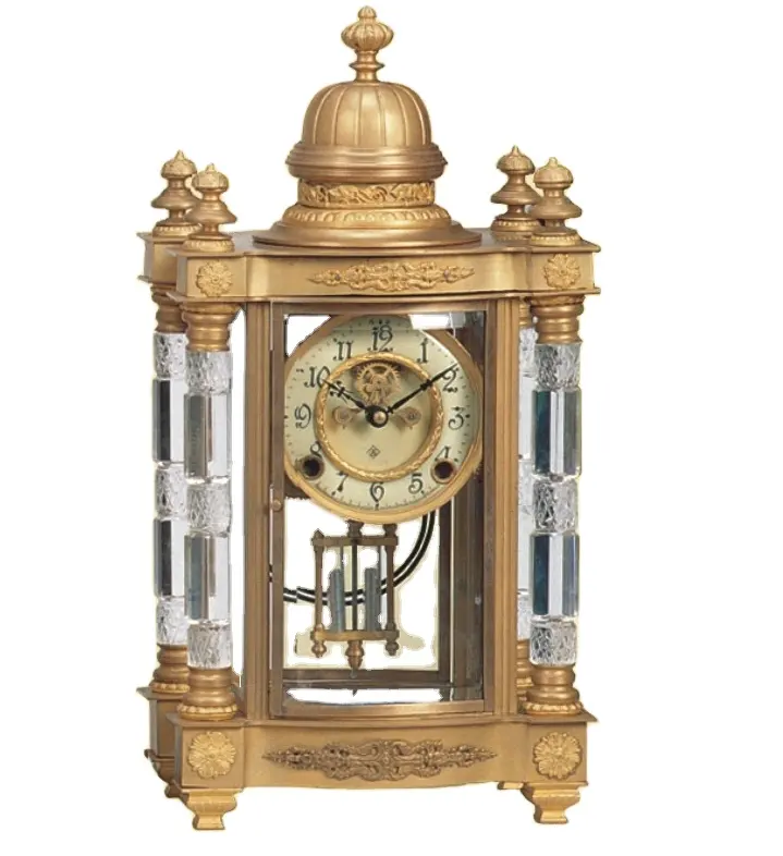 Columna de cristal antiguo americano 19th, cuatro cristales dorados, reloj de latón con movimiento de rueda transparente