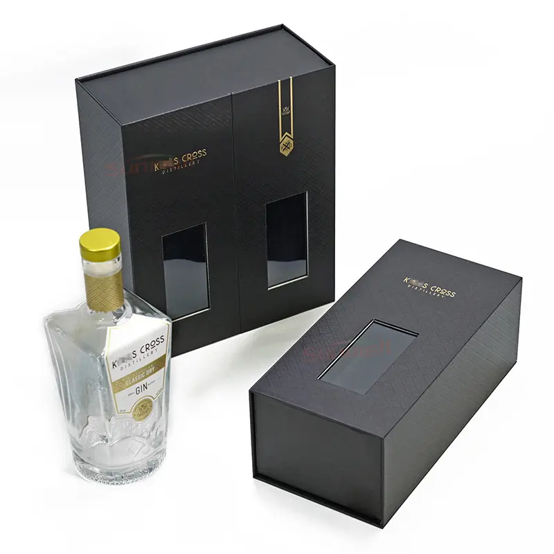 Özel Logo lüks siyah karton kutu ambalajı Gin Spirit için likör şampanya kutusu manyetik şarap hediye kutusu ile pencere açık