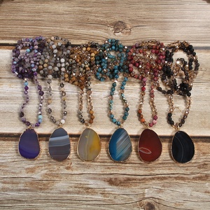 Yeni moda Bohemian 6mm doğal taş kristal cam karışık düğüm kolye çizgili akik damla kolye kolye kazak zinciri - Product Image 1