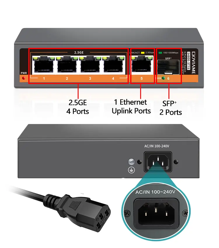 พอร์ต RJ45 ขนาด 2.5Gbps ห้าพอร์ตอะแดปเตอร์อินเทอร์เฟซออปติคัลอัพลิงค์ SFP + 10 กิกะบิต สวิตช์ที่ไม่จัดการบรรจุใหม่