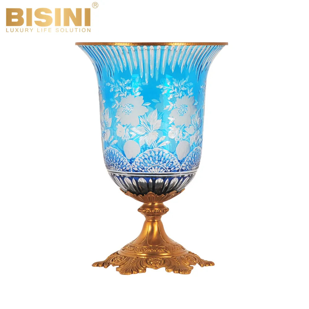 Glorious-jarrón de cristal y latón de estilo barroco francés para el hogar, florero decorativo de vidrio de color azul