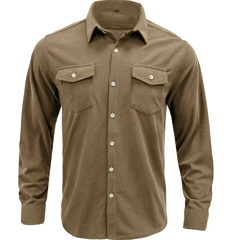 Camisa de manga larga de pana para hombre, camisa de Color sólido, holgada, con estampado de logotipo personalizado, Oem, Color marrón