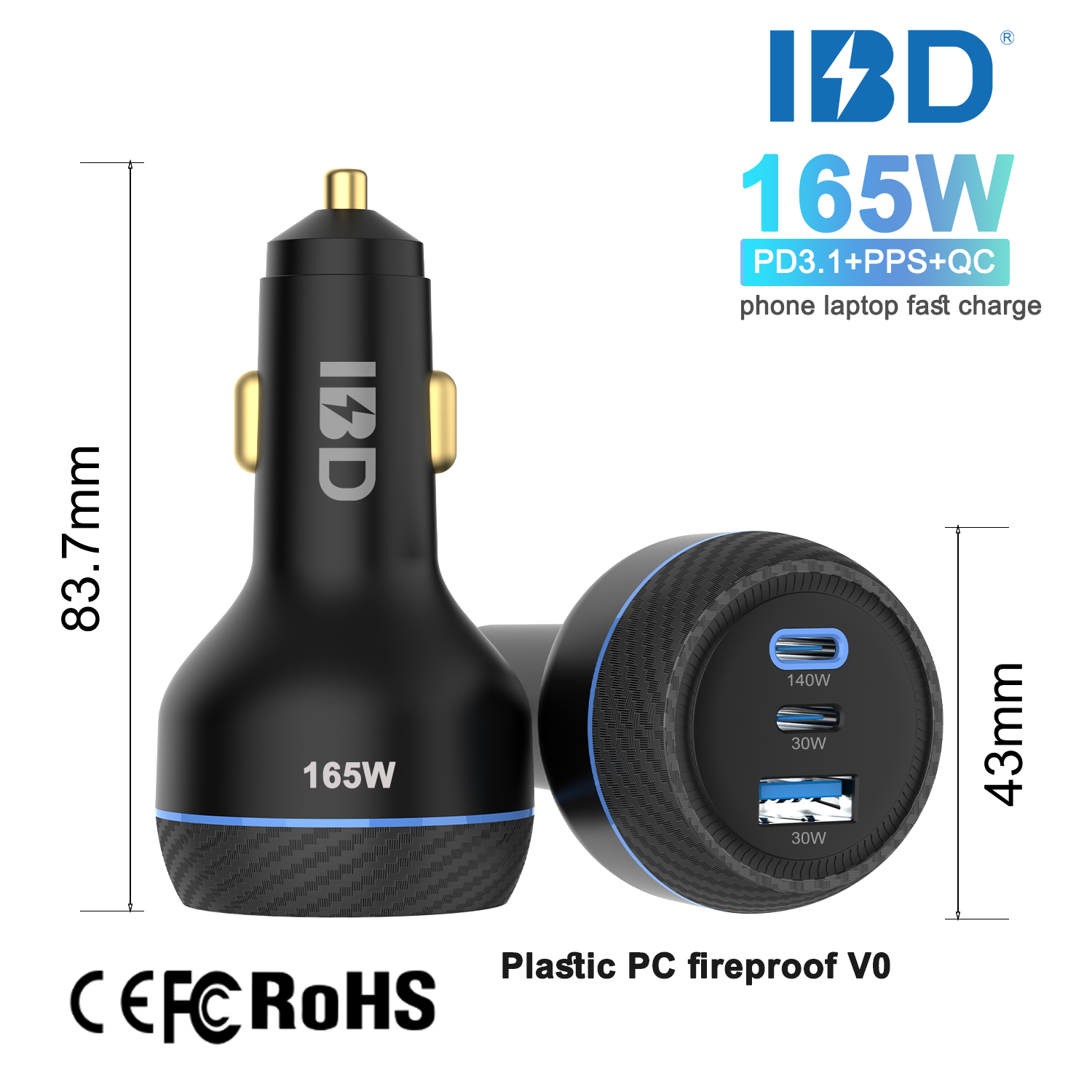 Black 165W Plastic Fast Car Charger