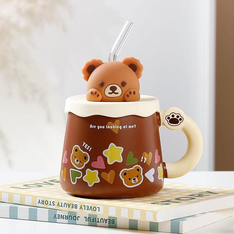 Sí, oso, tapa tridimensional, pajita, marrón.