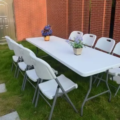 Table de pique-nique plein air portable, barbecue, Camping en plastique, facile à plier, table à manger avec 8 chaises