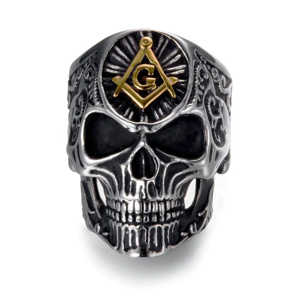 Cổ Điển Giá Rẻ Mens La Bàn Masonic Freemasonry Skull Nhẫn Biker Nhẫn Cho Mát Cậu Bé Đen Kẽm Hợp Kim Người Đàn Ông Đảng Đồ Trang Sức 2 Pcs