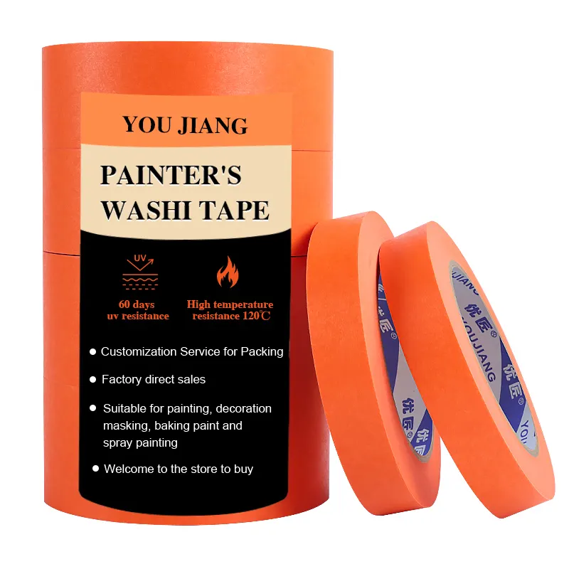 Youjiang Custom 38Mm Oranje Decoratie Anti-uv Resistente Auto Auto Schilderen 60 Dagen Maskeren Washi Papier Tape