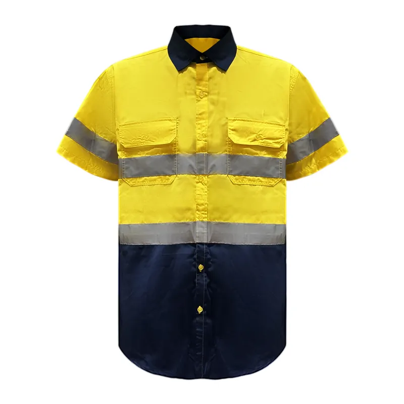 Toptan endüstriyel yüksek görünürlük Vis gömlek yarım kollu floresan yansıtıcı güvenlik gömlek