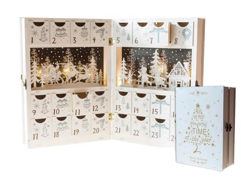 הדפס צבע לבן חדשני מלאכת עץ מתקפלת צורת ספר עץ מגירת לוח שנה led led אורות דקורטיביים לחג המולד