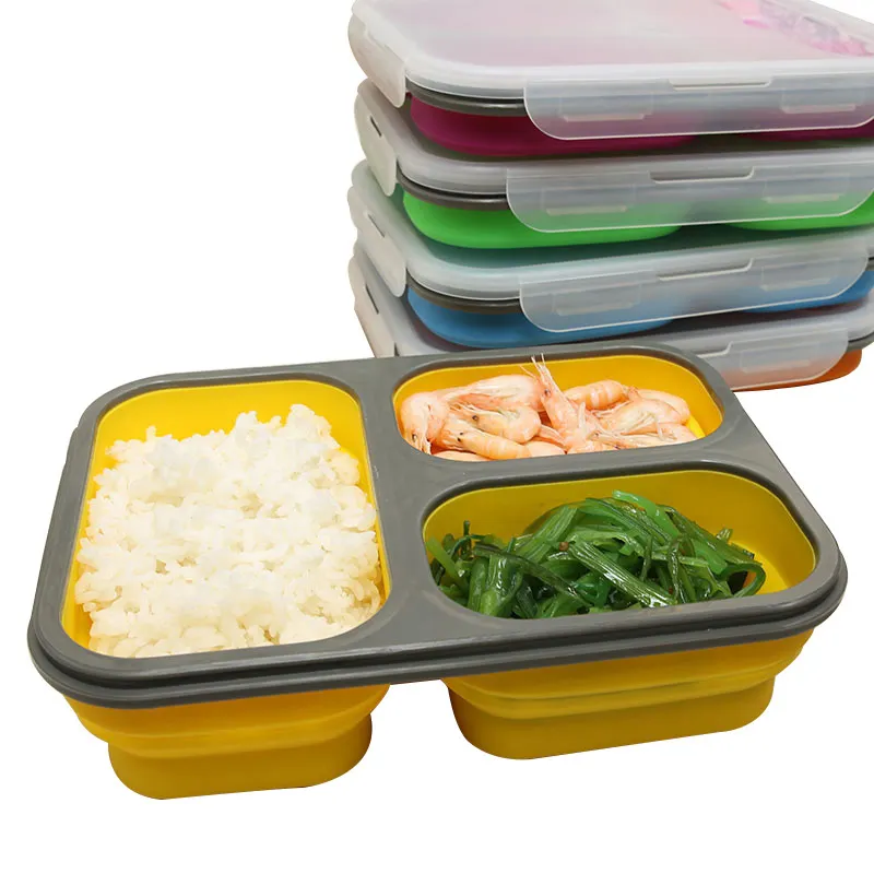 Contenitore per il pranzo in Silicone pieghevole a 3 cavità per uso alimentare di alta qualità Bento Box portatile da viaggio all'aperto contenitore per la conservazione degli alimenti