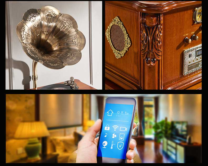 vintage design Wooden desktop record player vinyl and gramophon turntable phonograph in western style restaurant