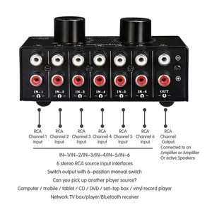 Conmutador de selección de fuente de audio RCA de 6 entradas y 1 salida de alta calidad Ajuste de volumen de metal con salida AV