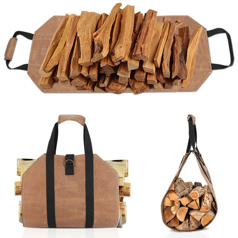 Portador de chimenea de fábrica BSCI, bolsa de mano para leña, bolsa de madera duradera, bolsa de mano para leña, bolso de lona encerada