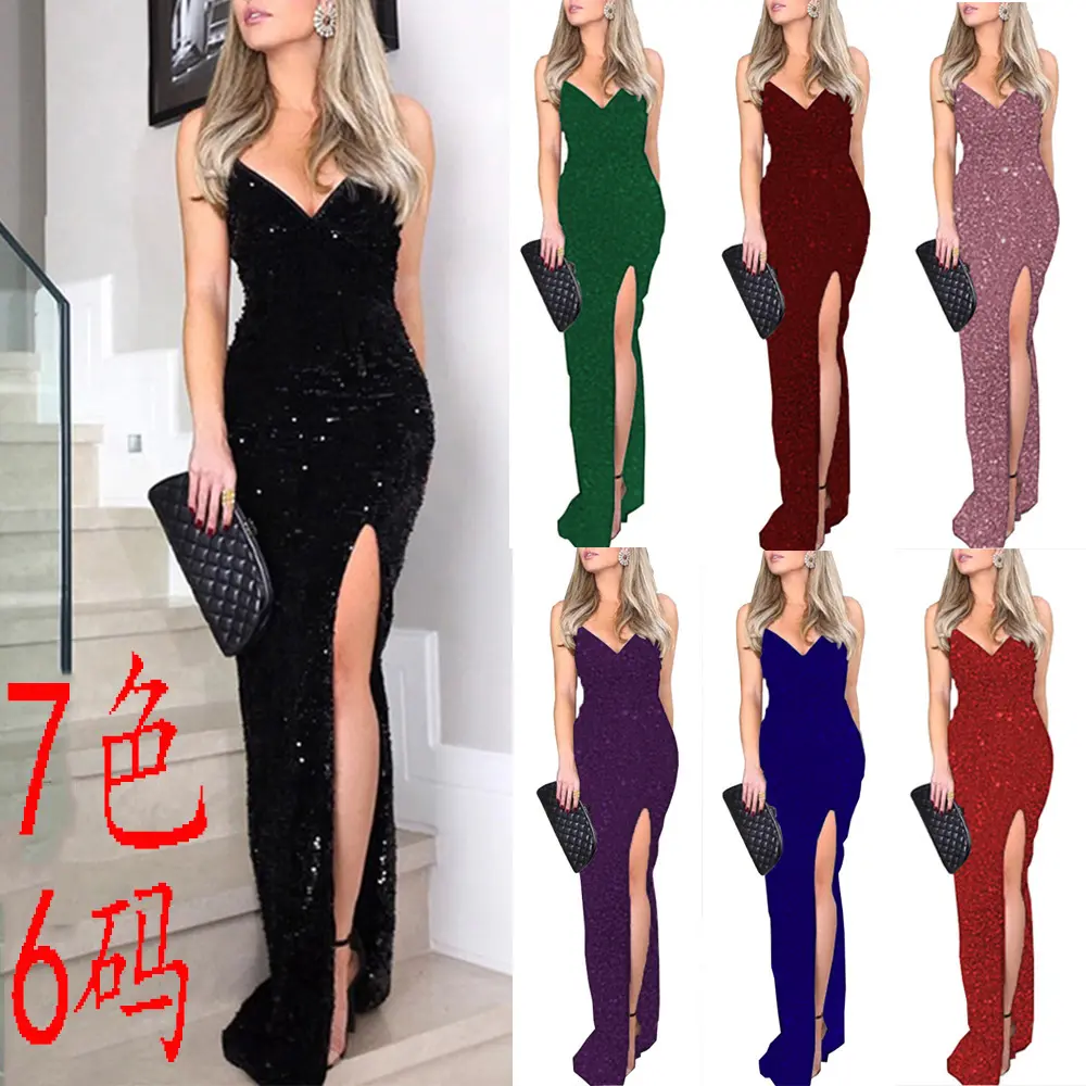 hot sale Slim Long Evening Dress Polyester side slit & different size for choice with Sequin black